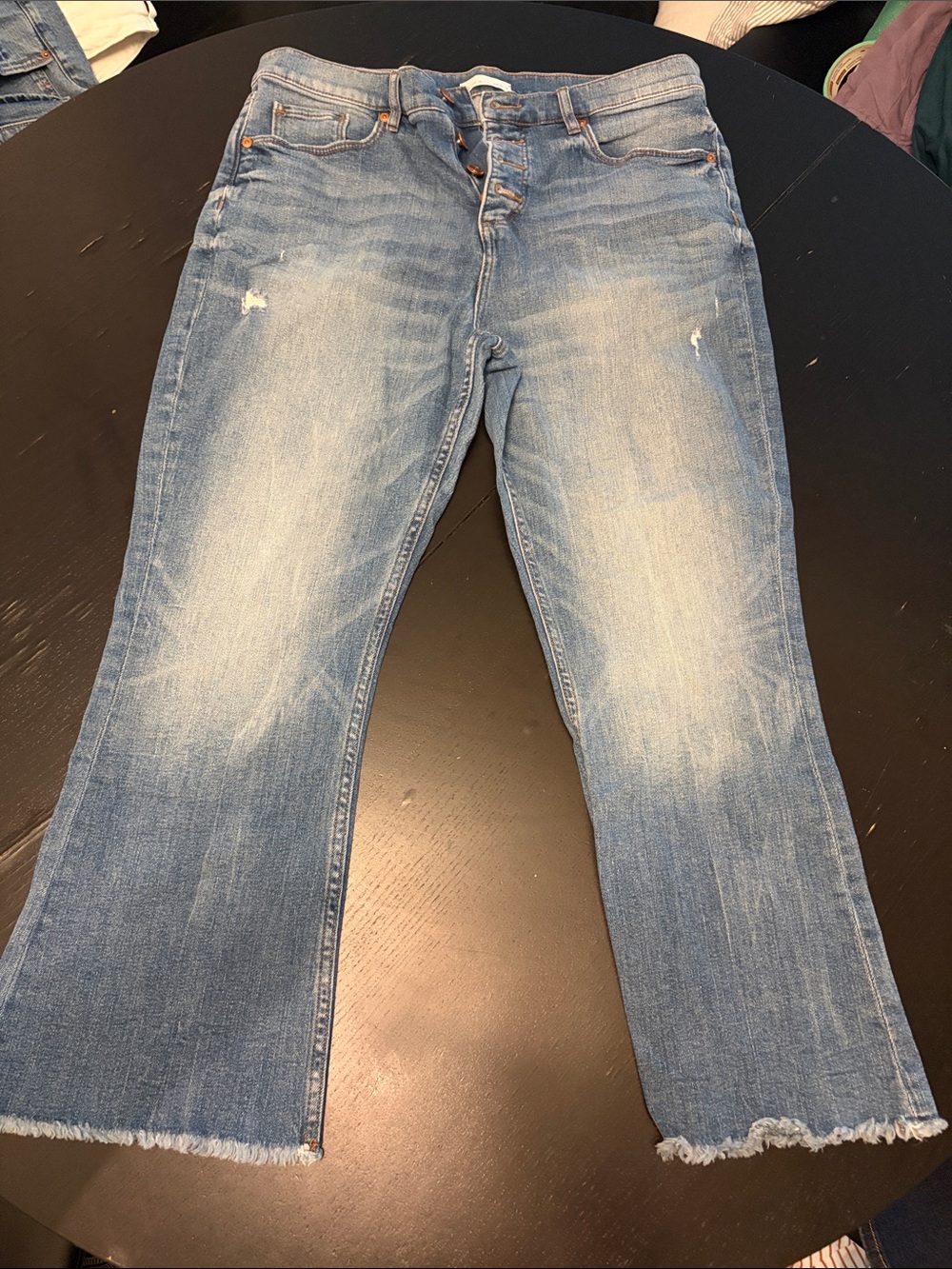LOFT High Waist Crop Flare Jeans with raw edge hem.  Size 12/31